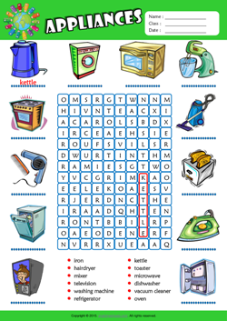 Appliances Word Search Puzzle ESL Vocabulary Worksheet