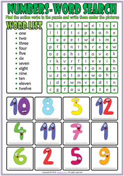 numbers esl vocabulary word search worksheet for kids