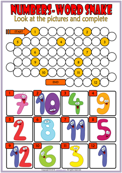 numbers esl vocabulary word snake puzzle worksheet for kids