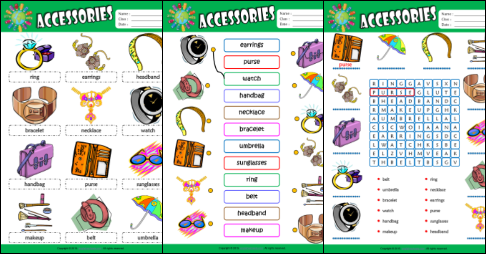 Accessories ESL Printable Worksheets For Kids 1