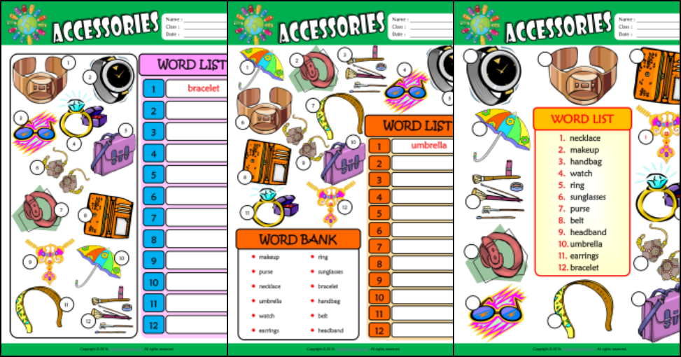 Accessories ESL Printable Worksheets For Kids 3