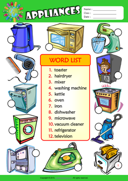 Appliances Number the Pictures ESL Vocabulary Worksheet