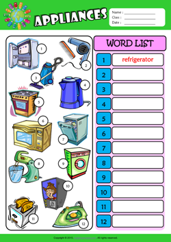 Appliances Write the Words ESL Vocabulary Worksheet