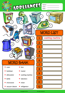 Appliances ESL Find and Write the Words Worksheet For Kids