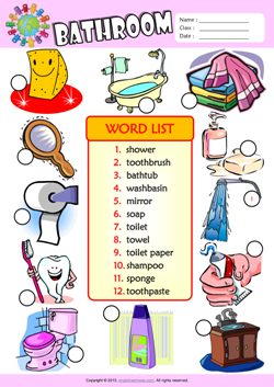 Bathroom Number the Pictures ESL Vocabulary Worksheet