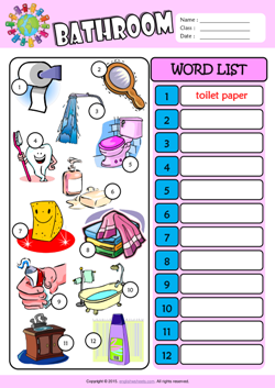 Bathroom Write the Words ESL Vocabulary Worksheet