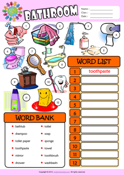 Bathroom ESL Find and Write the Words Worksheet For Kids