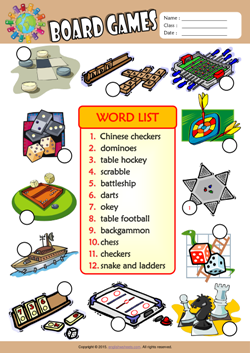 Board Games Number the Pictures ESL Vocabulary Worksheet