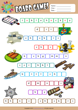 Board Games Missing Letters in Words ESL Vocabulary Worksheet