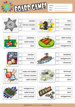 Board Games ESL Multiple Choice Worksheet For Kids