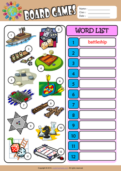 Board Games Write the Words ESL Vocabulary Worksheet