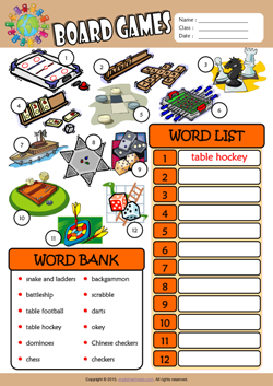 Board Games ESL Find and Write the Words Worksheet For Kids