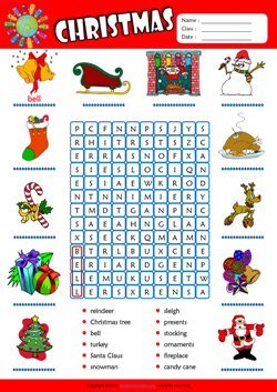 Christmas Word Search Puzzle ESL Vocabulary Worksheet