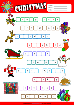 Christmas Missing Letters in Words ESL Vocabulary Worksheet