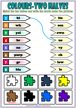 colors esl vocabulary match the two halves puzzle worksheet for kids