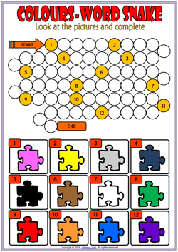 colors esl vocabulary word snake puzzle worksheet for kids