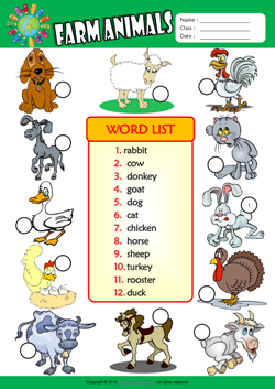 Farm Animals Number the Pictures ESL Vocabulary Worksheet