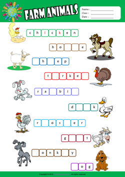 Farm Animals Missing Letters in Words ESL Vocabulary Worksheet