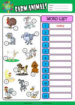 Farm Animals Write the Words ESL Vocabulary Worksheet