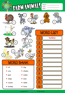 Farm Animals ESL Find and Write the Words Worksheet For Kids