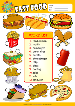 Fast Food Number the Pictures ESL Vocabulary Worksheet