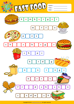 Fast Food Missing Letters in Words ESL Vocabulary Worksheet