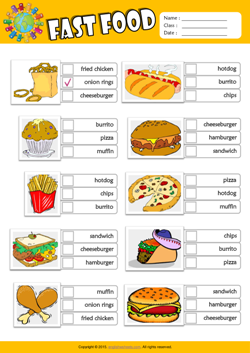 Fast Food ESL Multiple Choice Worksheet For Kids