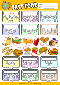 Fast Food Unscramble Words ESL Vocabulary Worksheet