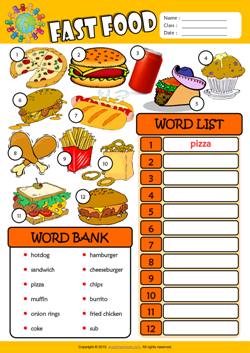 Fast Food ESL Find and Write the Words Worksheet For Kids