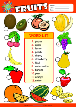 Fruits Number the Pictures ESL Vocabulary Worksheet