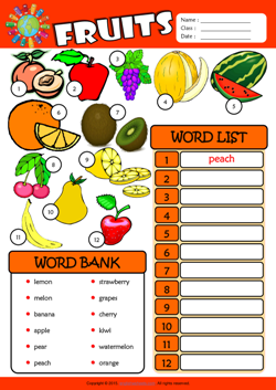Fruits ESL Find and Write the Words Worksheet For Kids