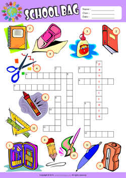 Schoolbag Crossword Puzzle ESL Vocabulary Worksheet