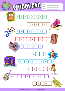 Schoolbag Missing Letters in Words ESL Vocabulary Worksheet