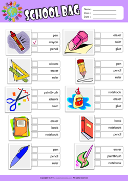 Schoolbag ESL Multiple Choice Worksheet For Kids