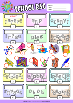 Schoolbag Unscramble Words ESL Vocabulary Worksheet