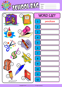 Schoolbag Write the Words ESL Vocabulary Worksheet
