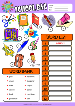 Schoolbag ESL Find and Write the Words Worksheet For Kids