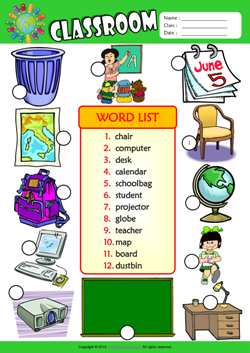 Classroom Number the Pictures ESL Vocabulary Worksheet