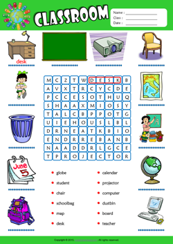 Classroom Word Search Puzzle ESL Vocabulary Worksheet