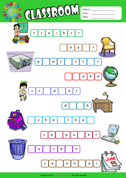 Classroom Missing Letters in Words ESL Vocabulary Worksheet