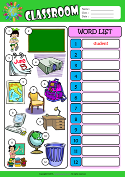 Classroom Write the Words ESL Vocabulary Worksheet