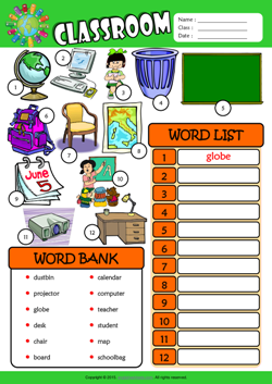 Classroom ESL Find and Write the Words Worksheet For Kids