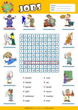 Jobs Word Search Puzzle ESL Vocabulary Worksheet