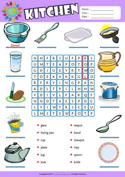 Kitchen Word Search Puzzle ESL Vocabulary Worksheet