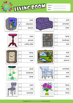 Living Room ESL Multiple Choice Worksheet For Kids