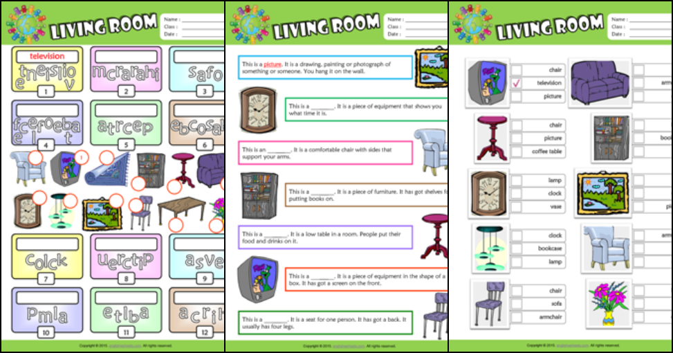 living room esl printable worksheets for kids 2