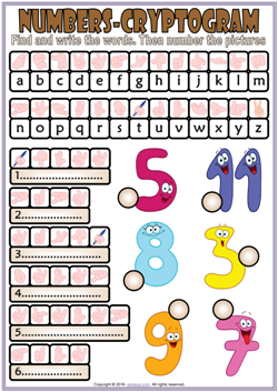 numbers esl vocabulary cryptogram puzzle worksheet for kids