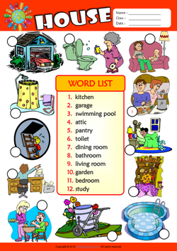 Parts of a House Number the Pictures ESL Vocabulary Worksheet