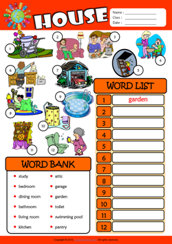 Parts of a House ESL Find and Write the Words Worksheet For Kids