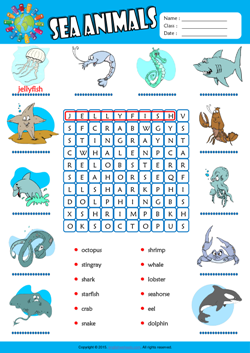 Sea Animals Word Search Puzzle ESL Vocabulary Worksheet